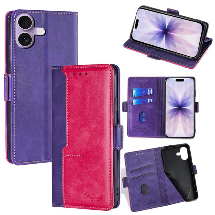 For iPhone 17 Contrast Color Side Buckle Leather Phone Case(Purple + Rose Red)