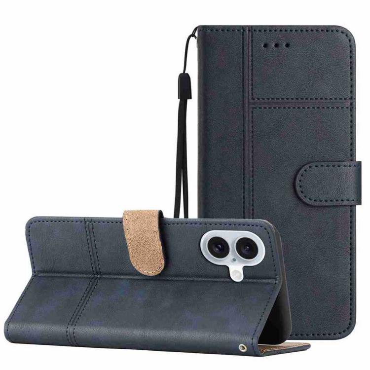 For iPhone 17 Cowhide Texture Stitching Leather Phone Case(Dark Blue)