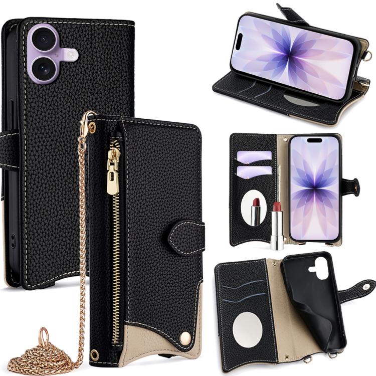 For iPhone 17 Crossbody Chain Fishtail Litchi Leather Phone Case(Black)
