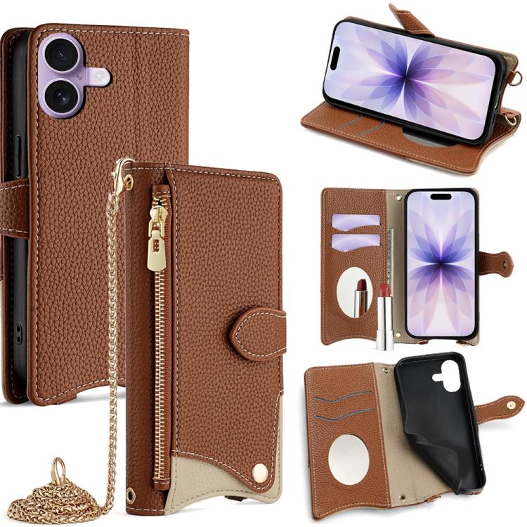 For iPhone 17 Crossbody Chain Fishtail Litchi Leather Phone Case(Brown)