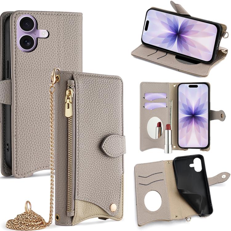For iPhone 17 Crossbody Chain Fishtail Litchi Leather Phone Case(Grey)