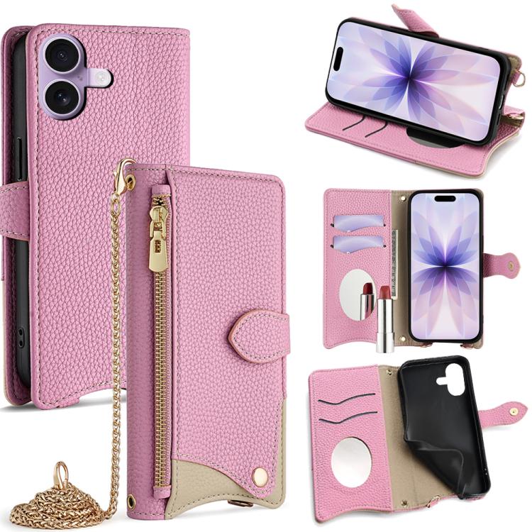 For iPhone 17 Crossbody Chain Fishtail Litchi Leather Phone Case(Pink)