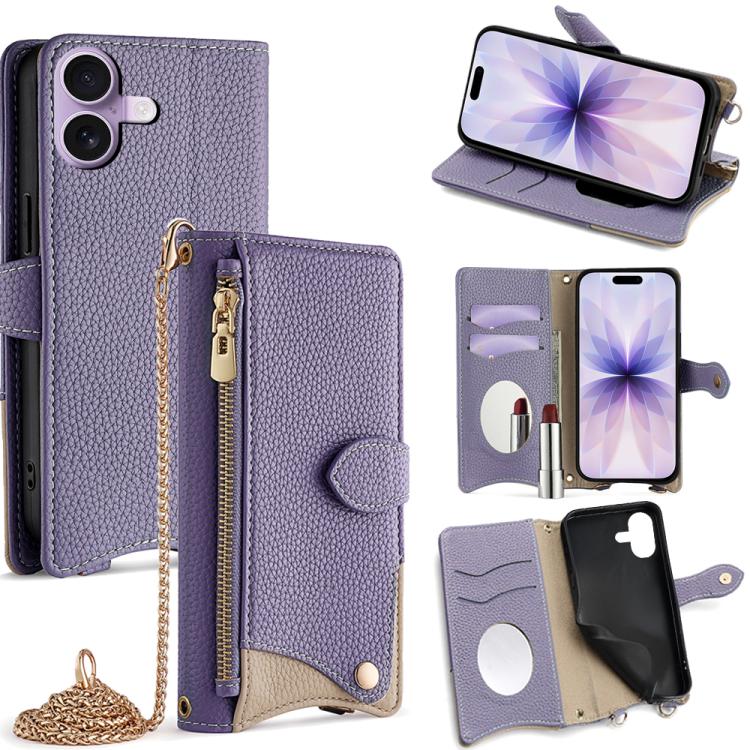 For iPhone 17 Crossbody Chain Fishtail Litchi Leather Phone Case(Purple)
