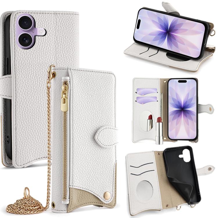 For iPhone 17 Crossbody Chain Fishtail Litchi Leather Phone Case(White)