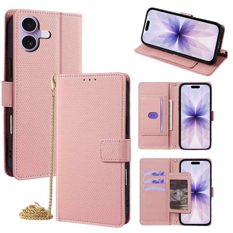 For iPhone 17 Crossbody Chain Triangle Leather Phone Case(Pink)