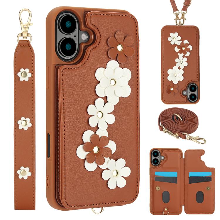 For iPhone 17 Crossbody Flower Pattern Leather Phone Case(Brown)
