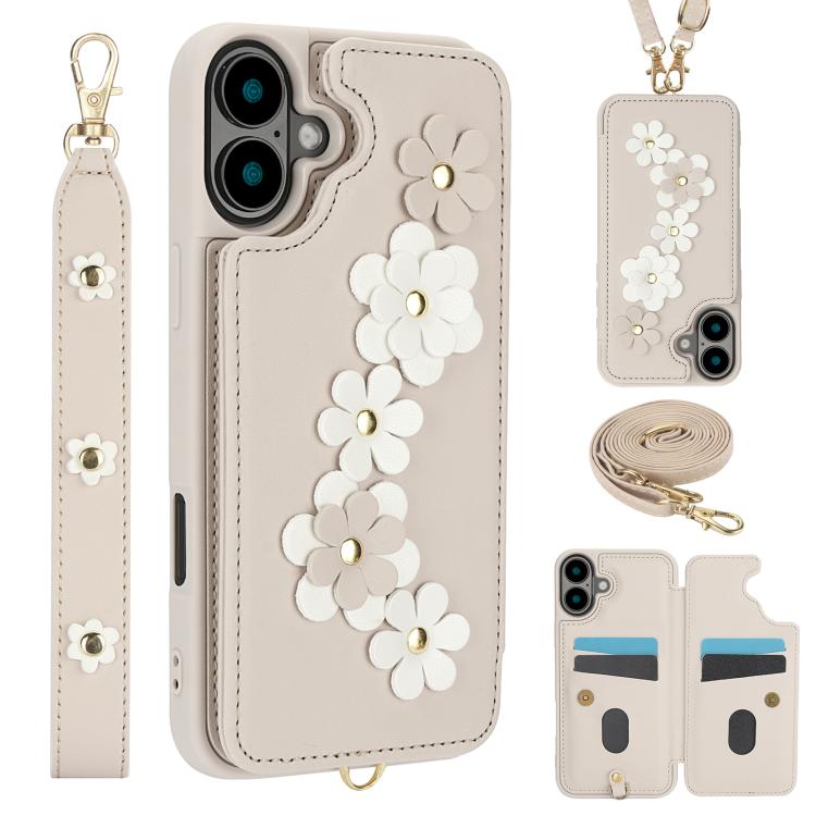 For iPhone 17 Crossbody Flower Pattern Leather Phone Case(White)