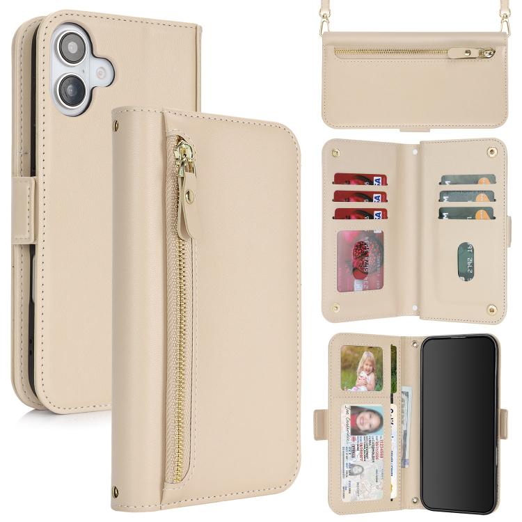 For iPhone 17 Crossbody Front Zipper Multi-Card Wallet Bag Vegan Leather Phone Case(Beige)