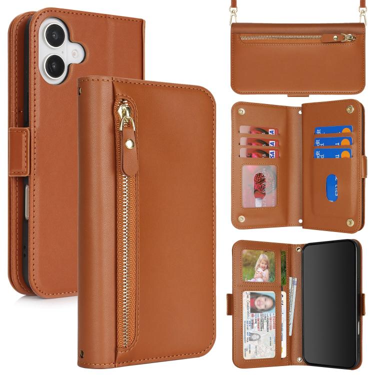 For iPhone 17 Crossbody Front Zipper Multi-Card Wallet Bag Vegan Leather Phone Case(Brown)