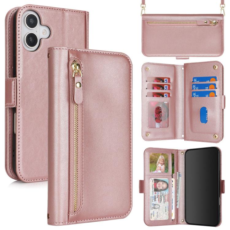 For iPhone 17 Crossbody Front Zipper Multi-Card Wallet Bag Vegan Leather Phone Case(Rose Gold)