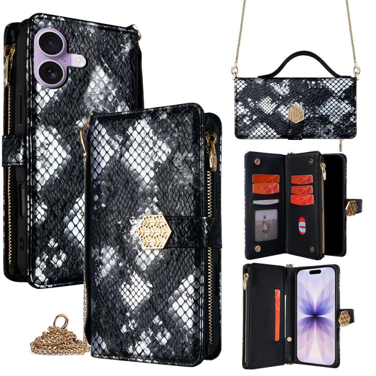 For iPhone 17 Crossbody Handle Snake Texture Leather Phone Case(Black)