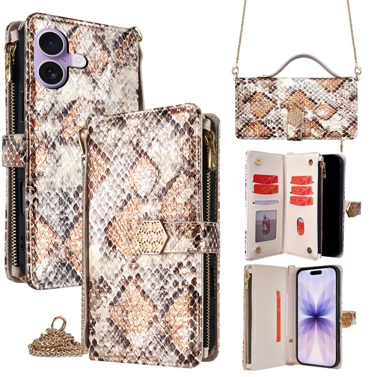 For iPhone 17 Crossbody Handle Snake Texture Leather Phone Case(White)