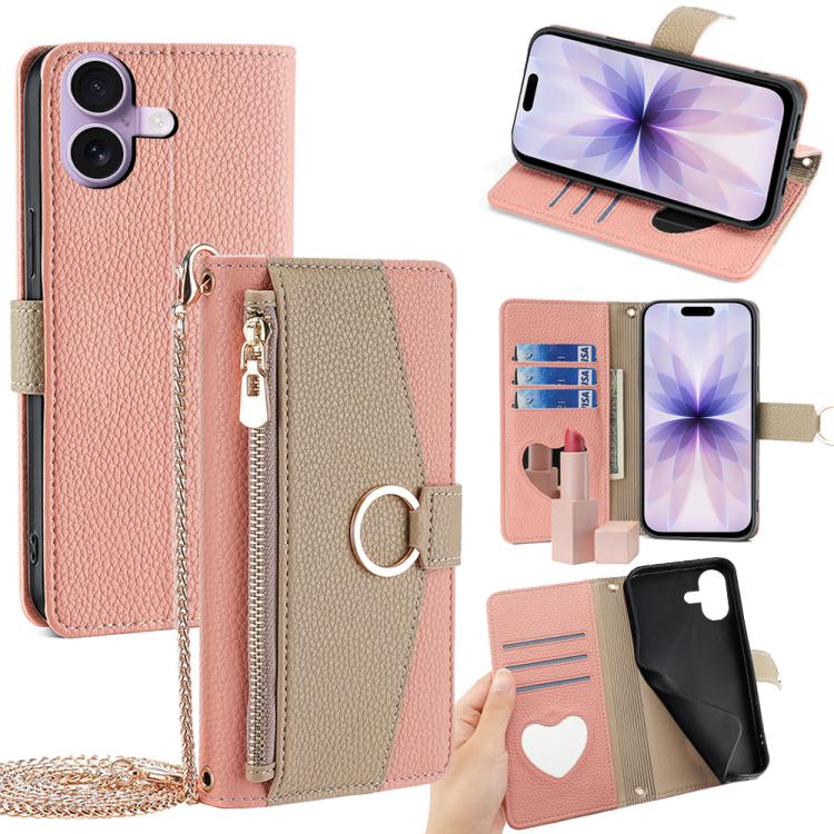 For iPhone 17 Crossbody Litchi Texture Leather Phone Case(Pink)