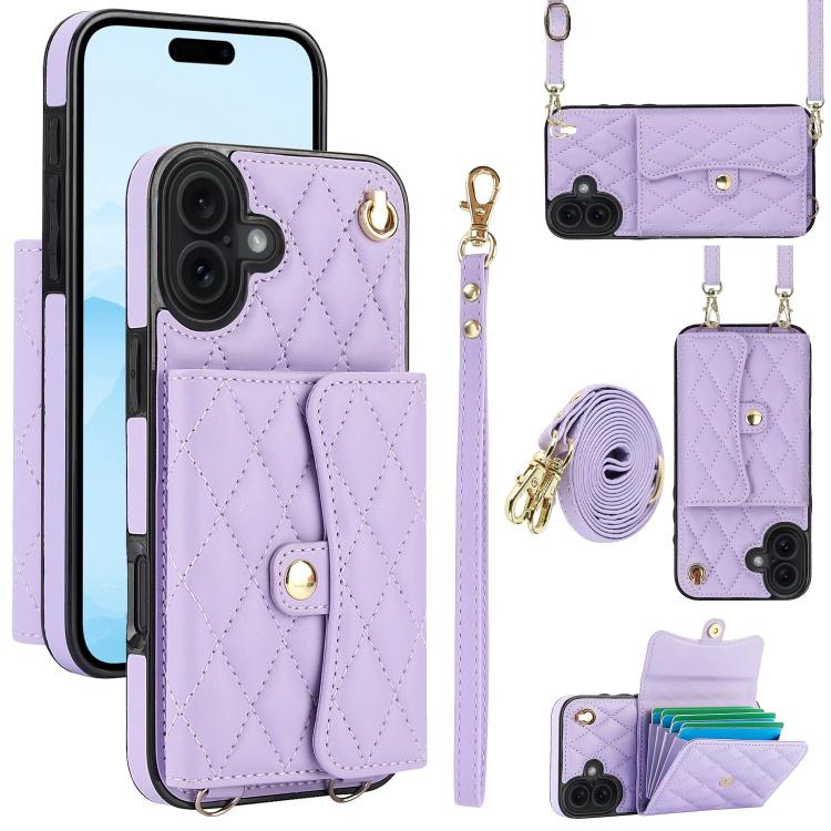 For iPhone 17 Crossbody Rhombic Horizontal Wallet Leather Phone Case(Purple)