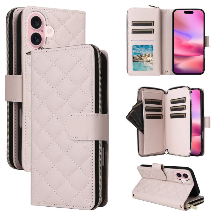 For iPhone 17 Crossbody Rhombic Zipper Tower Buckle Leather Phone Case with Lanyard(Beige)