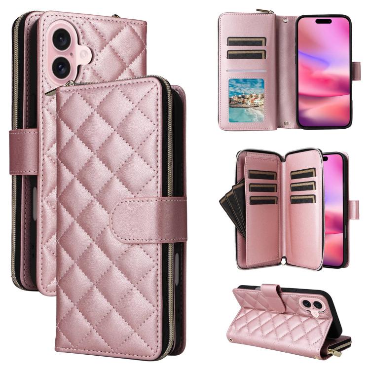 For iPhone 17 Crossbody Rhombic Zipper Tower Buckle Leather Phone Case with Lanyard(Rose Gold)