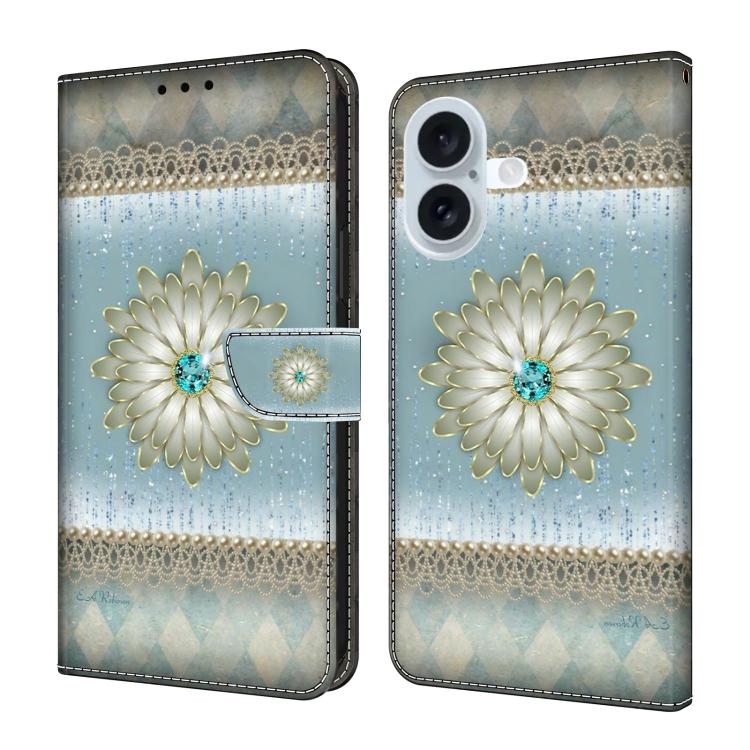 For iPhone 17 Crystal-Like Painted Vegan Leather Phone Case(Blue Diamond Flower)