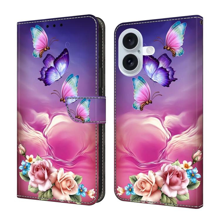 For iPhone 17 Crystal-Like Painted Vegan Leather Phone Case(Flower Butterfly)