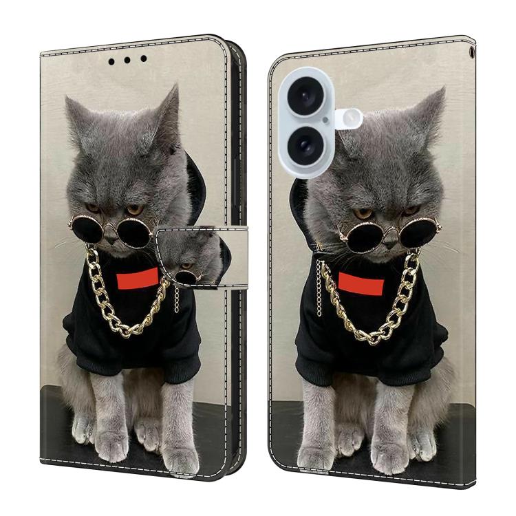 For iPhone 17 Crystal-Like Painted Vegan Leather Phone Case(Glasses-Wearing Cat)