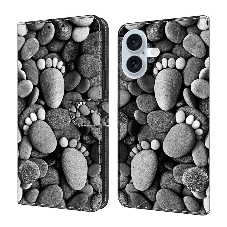 For iPhone 17 Crystal-Like Painted Vegan Leather Phone Case(Stone Footprints)