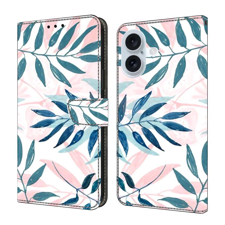 For iPhone 17 Crystal-Like Painted Vegan Leather Phone Case(Watercolor Leaves)