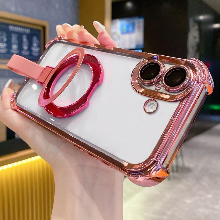 For iPhone 17 Crystal Shield Ring Holde TPU + Acrylic Magnetic Phone Case(Pink)