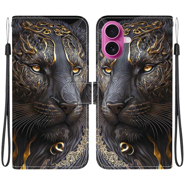 For iPhone 17 Crystal Texture Colored Drawing Leather Phone Case(Black Gold Lion)