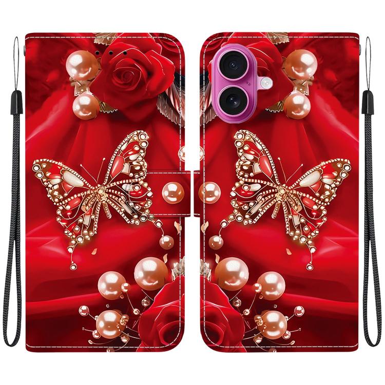 For iPhone 17 Crystal Texture Colored Drawing Leather Phone Case(Pearl Butterfly Rose)