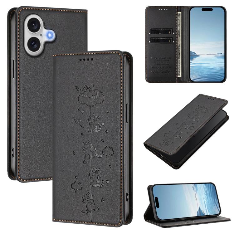 For iPhone 17 Cute Cats Embossed Magnetic RFID Vegan Leather Phone Case(Black)