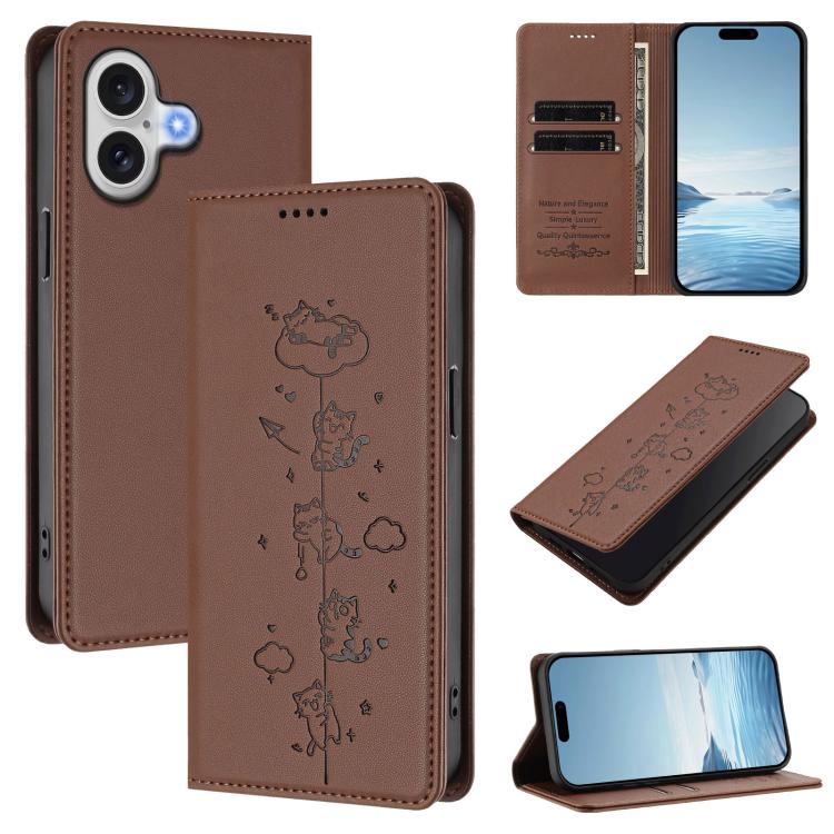 For iPhone 17 Cute Cats Embossed Magnetic RFID Vegan Leather Phone Case(Brown)