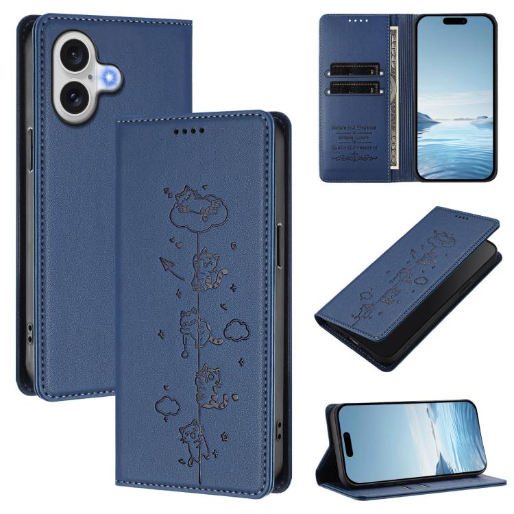 For iPhone 17 Cute Cats Embossed Magnetic RFID Vegan Leather Phone Case(Dark Blue)
