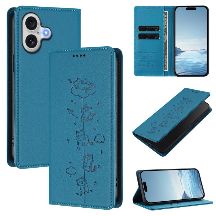 For iPhone 17 Cute Cats Embossed Magnetic RFID Vegan Leather Phone Case(Lake Blue)