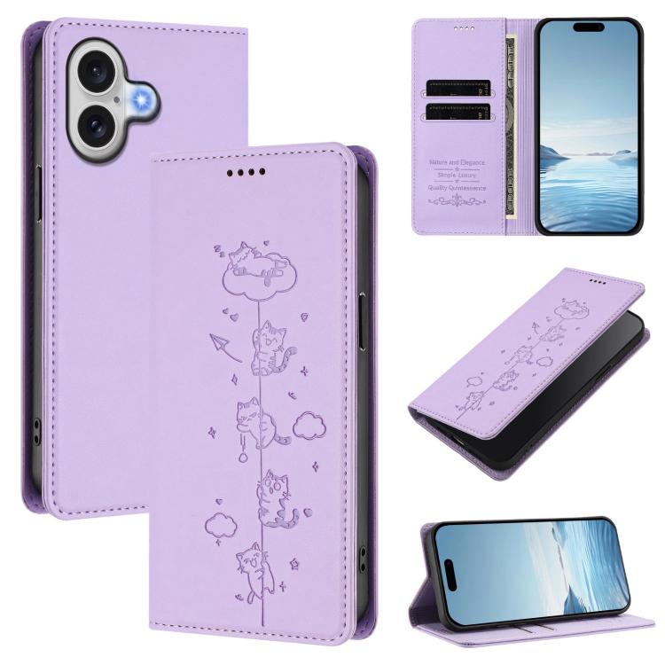 For iPhone 17 Cute Cats Embossed Magnetic RFID Vegan Leather Phone Case(Light Purple)