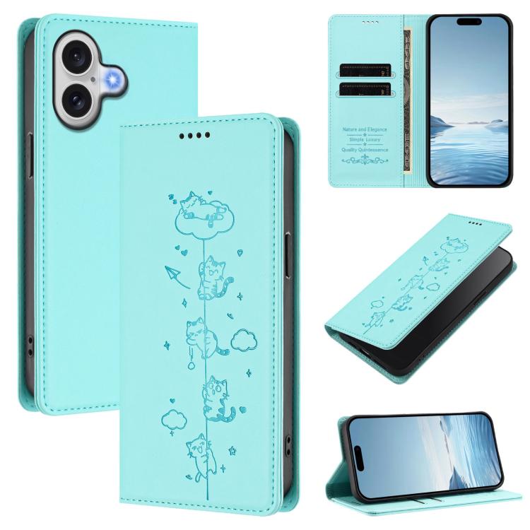 For iPhone 17 Cute Cats Embossed Magnetic RFID Vegan Leather Phone Case(Mint Green)