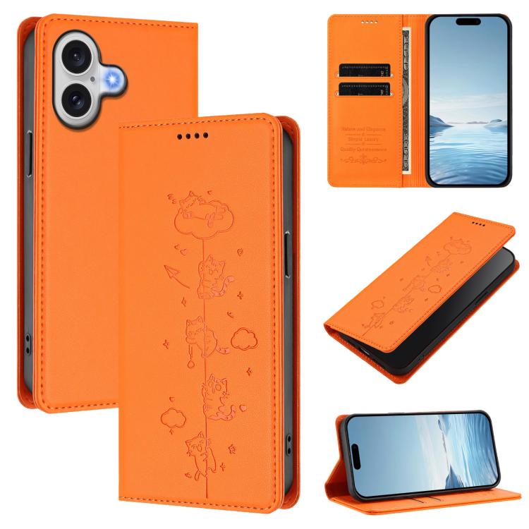 For iPhone 17 Cute Cats Embossed Magnetic RFID Vegan Leather Phone Case(Orange)