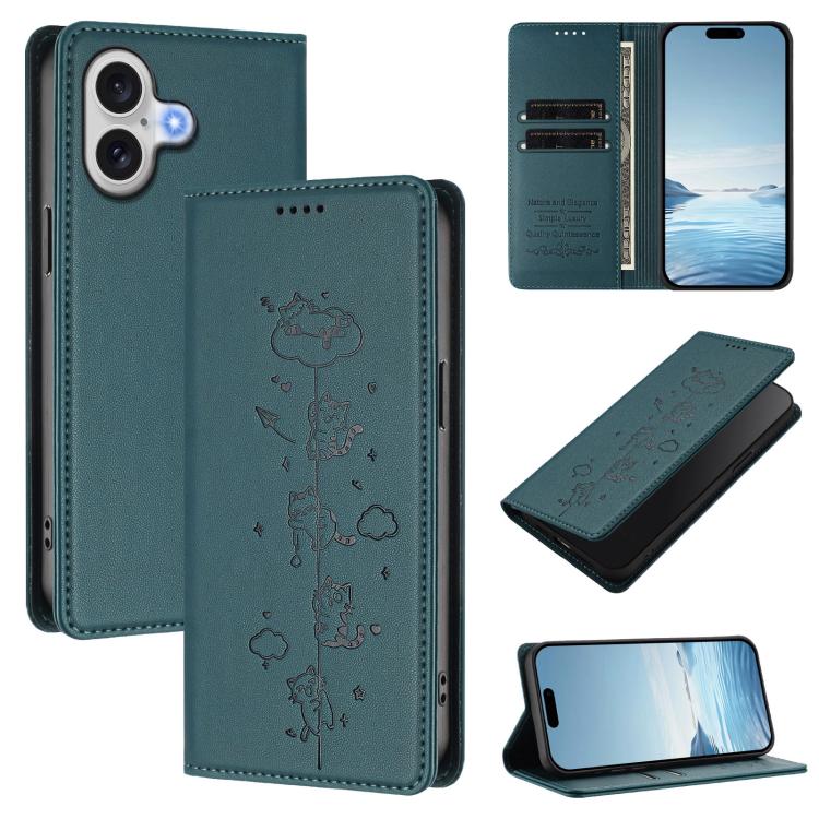 For iPhone 17 Cute Cats Embossed Magnetic RFID Vegan Leather Phone Case(Peacock Green)