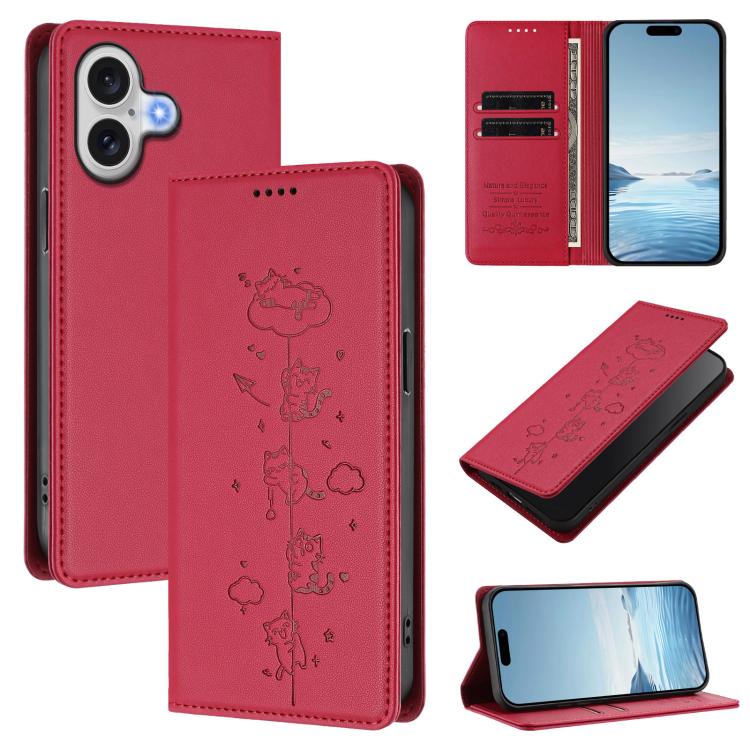For iPhone 17 Cute Cats Embossed Magnetic RFID Vegan Leather Phone Case(Red)