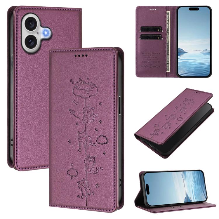 For iPhone 17 Cute Cats Embossed Magnetic RFID Vegan Leather Phone Case(Violet Purple)