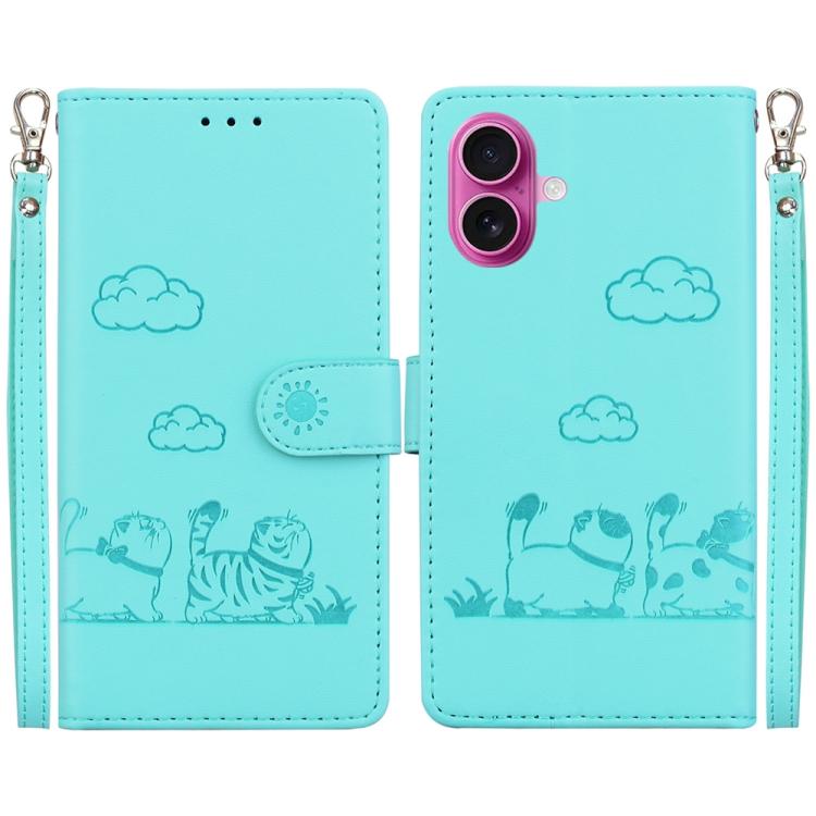 For iPhone 17 Cute Cats RFID Leather Phone Case(Green)