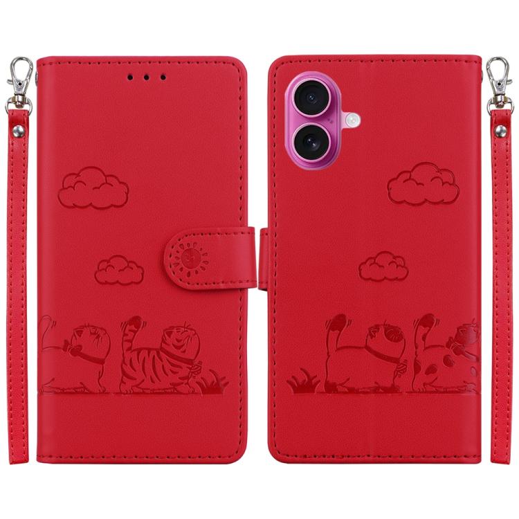 For iPhone 17 Cute Cats RFID Leather Phone Case(Red)