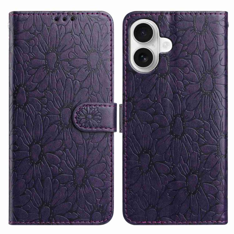 For iPhone 17 Daisy Embossed Leather Phone Case(Dark Purple)