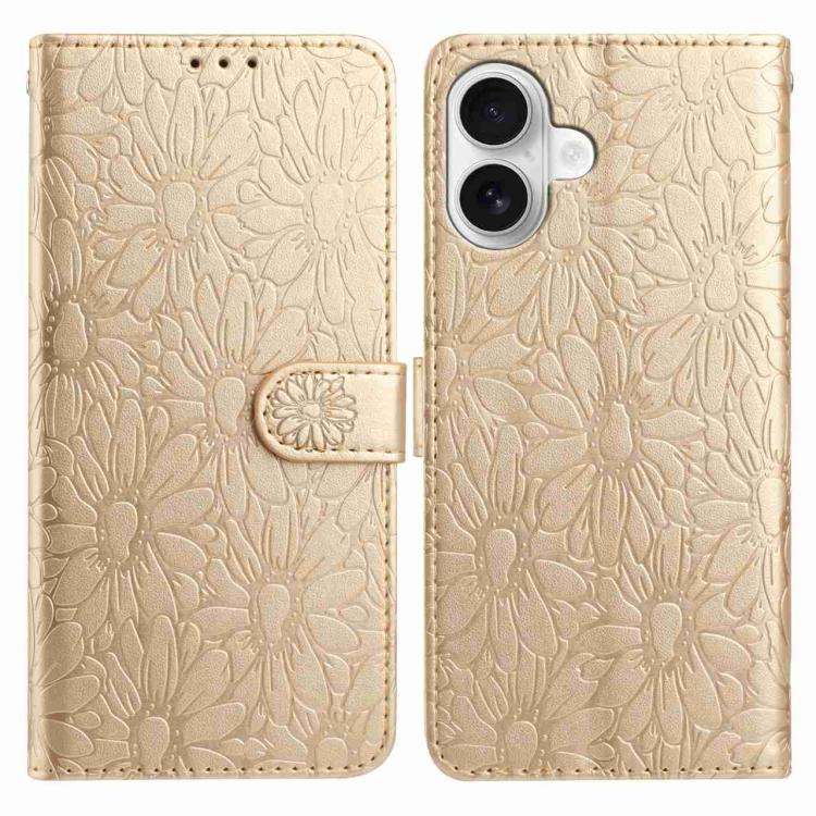For iPhone 17 Daisy Embossed Leather Phone Case(Gold)