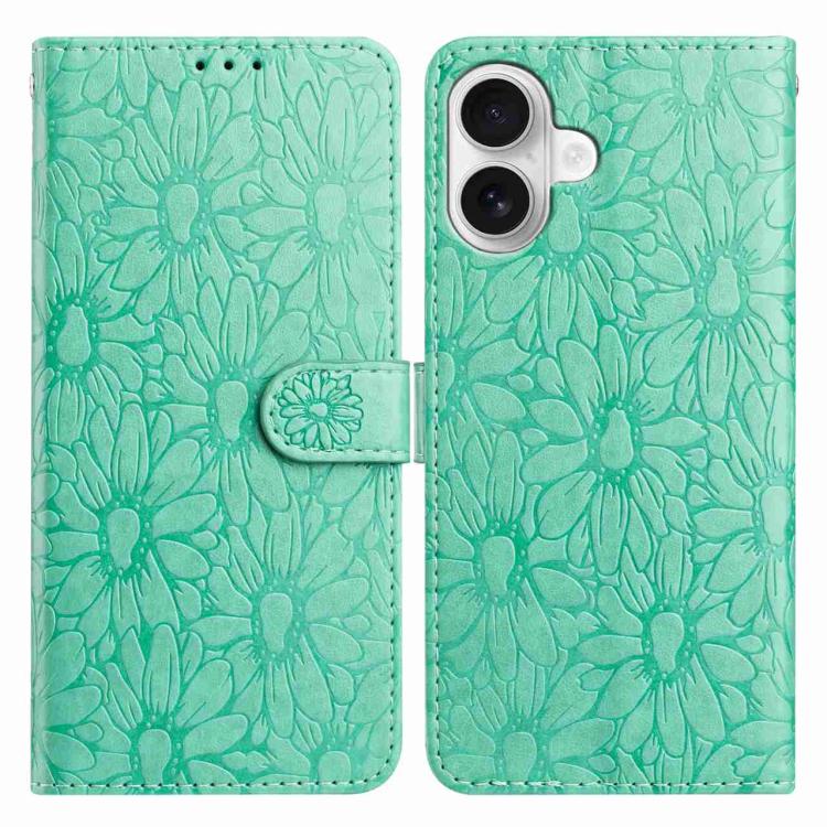 For iPhone 17 Daisy Embossed Leather Phone Case(Green)