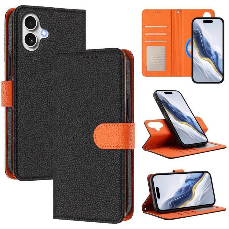 For iPhone 17 Detachable Litchi Texture Magnetic Side-Patch Vegan Leather Phone Case(Black Orange)