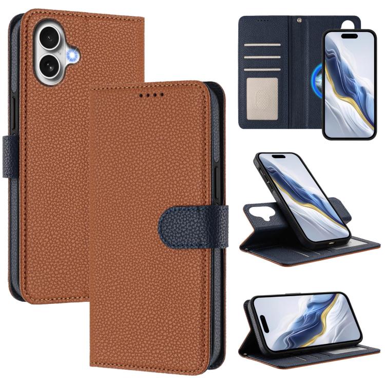 For iPhone 17 Detachable Litchi Texture Magnetic Side-Patch Vegan Leather Phone Case(Brown Dark Blue)