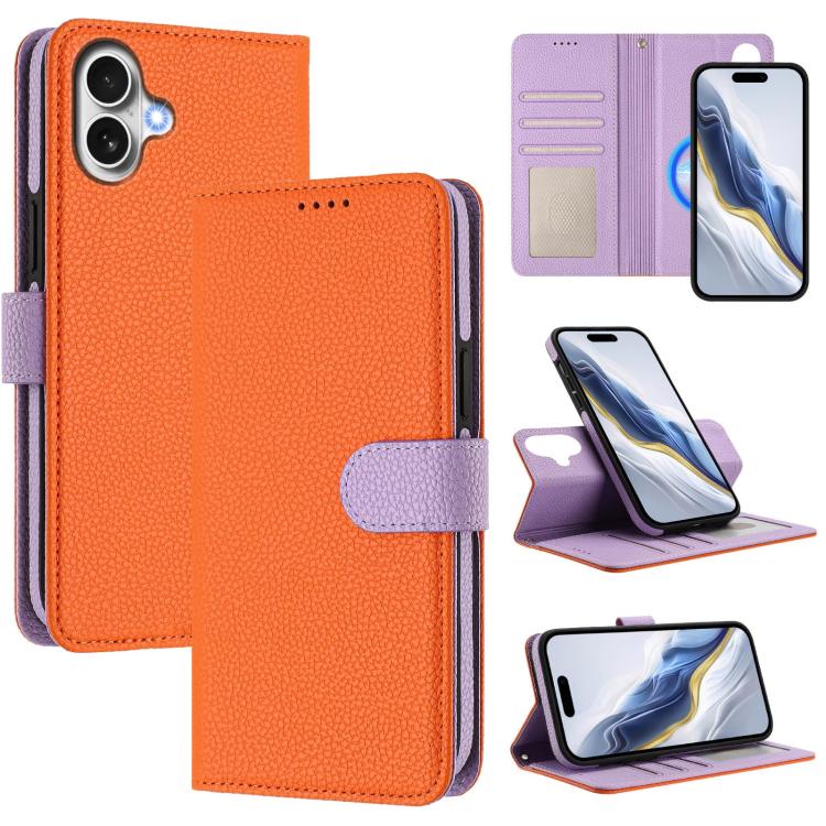 For iPhone 17 Detachable Litchi Texture Magnetic Side-Patch Vegan Leather Phone Case(Orange Purple)