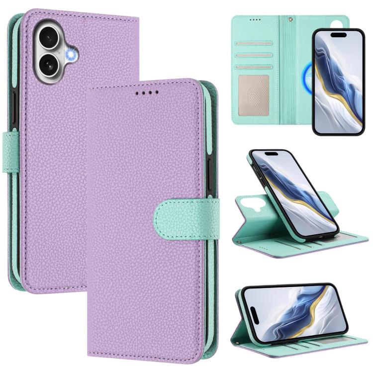 For iPhone 17 Detachable Litchi Texture Magnetic Side-Patch Vegan Leather Phone Case(Purple Mint Green)