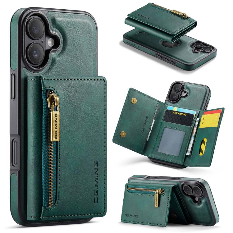 For iPhone 17 DG.MING M5 Series Zip RFID Multi Card Detachable Leather Phone Case(Green)