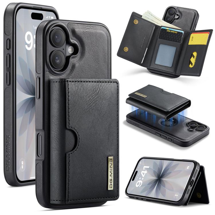 For iPhone 17 DG.MING M6 Series RFID Tri-fold Card Bag Removable Leather Phone Case(Black)