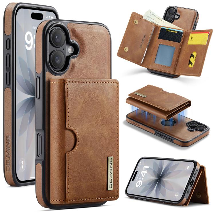 For iPhone 17 DG.MING M6 Series RFID Tri-fold Card Bag Removable Leather Phone Case(Brown)